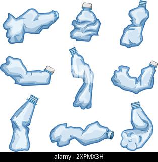 Zerknitterte Plastikflasche Set Cartoon Vektor Illustration Stock Vektor