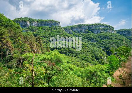 Dicht bewachsene felsige Berge im Wasserfallpark Molina, nördlich von Verona, Italien Stockfoto