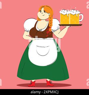 Fröhliche Frau in traditioneller bayerischer Kleidung, Kellnerin mit Tablett und zwei schäumenden Bierbecher, serviert Getränke während der Festivalparty. Stock Vektor