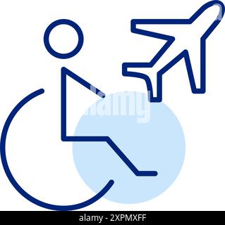 Person im Rollstuhl und Flugzeug. Zugang zum Flug, inklusive Reisen. Pixelperfektes, bearbeitbares Konturvektorsymbol Stock Vektor