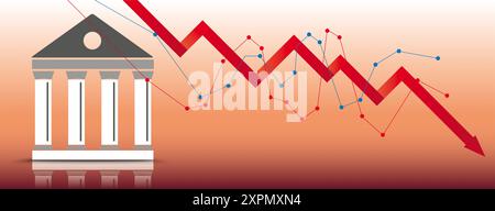 Abschwung am Börsenmarkt Diagramm Header Börsenabschwung Diagramm auf rotem Hintergrund. Stockfoto