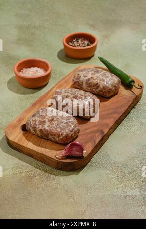 Georgianische Küche: Rohe Rindfleisch- oder Lammkoteletts - Apkhazura mit Gewürzen und Kräutern auf hölzernem Schneidebrett Stockfoto