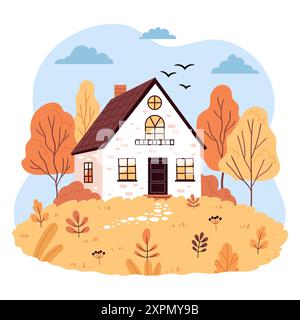 Niedliches Herbsthaus. Herbstlandschaft, Landschaft, Herbststimmung. Rustikale Häuser, gemütliche Hütten Illustration. Handzeichnung mit flachen Vektoren Stock Vektor