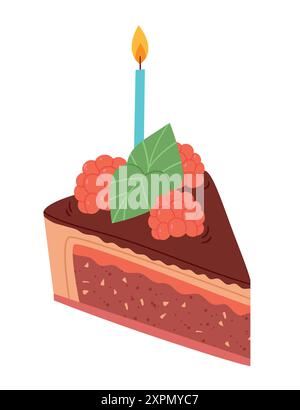 Ein Stück Schokoladenkuchen mit Himbeeren und einer Kerze. Alles Gute zum Geburtstag. Süßer Kuchen mit Sahne Stock Vektor