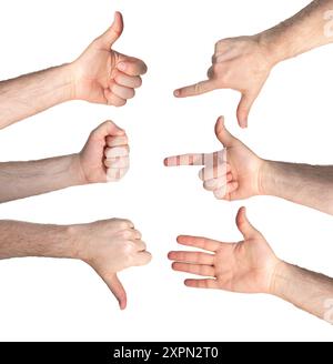 Handgesten. Emotionssymbole. Anzeigen. Isoliert auf weißem Hintergrund. Studio-Aufnahmen. Stockfoto