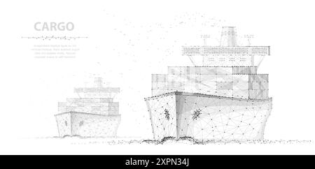 Weltweites Frachtschiff. Zwei Boote. Abstrakter polygonaler Drahtmodellvektor. Containertransport, kommerzielle Logistik, Lieferversand Stock Vektor