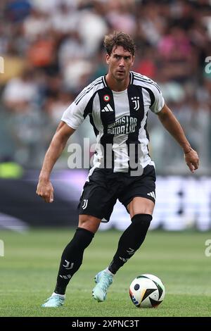 Turin, Italien. August 2024. Dusan Vlahovic vom Juventus FC in Aktion während des Freundschaftsspiels zwischen Juventus FC und Juventus Next Gen im Allianz Stadion am 06. August 2024 in Turin, Italien. Quelle: Marco Canoniero/Alamy Live News Stockfoto