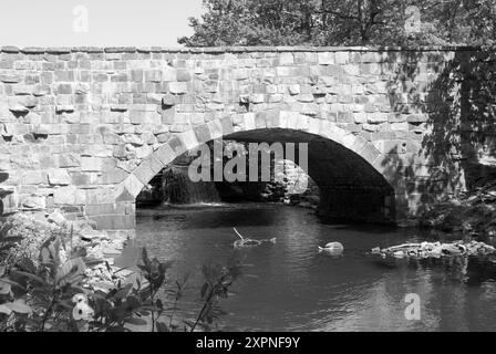 Die Davies Bridge, auch bekannt als Cedar Creek Bridge, erstreckt sich über den Cedar Creek im Petit Jean State Park in der Nähe von Morrilton, Arkansas, USA. Stockfoto