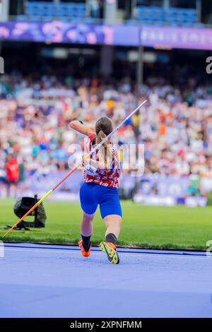 Paris, Ile de France, Frankreich. August 2024. SARA KOLAK (CRO) aus Kroatien, nimmt an der Javelin-Werftqualifikation der Frauen im Stadion Stade de France während der Olympischen Sommerspiele 2024 in Paris Teil. (Kreditbild: © Walter Arce/ZUMA Press Wire) NUR REDAKTIONELLE VERWENDUNG! Nicht für kommerzielle ZWECKE! Quelle: ZUMA Press, Inc./Alamy Live News Stockfoto