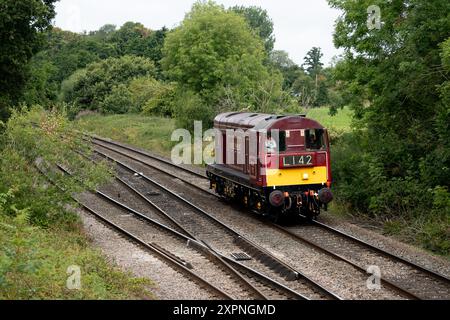 Diesellokomotive der Klasse 20 Nr. 20142 „Sir John Betjeman“ in London Transport Lackierung, Hatton Bank, Warwickshire, Großbritannien Stockfoto