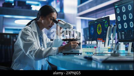 Medizinisches Forschungs- Und Entwicklungszentrum: Asiatische Wissenschaftlerin Mit Mikroskop Zur Analyse Von Petrischalen-Proben. Spezialist Für Innovative Medizin Zur Behandlung Psychischer Störungen Oder Schmerzlinderung. Stockfoto