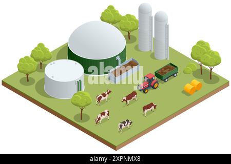 Isometrische moderne Biogasanlage Biogas ist ein umweltfreundliches sauberes und billiges brennbares Gas, das aus Viehdung und Landwirtschaft hergestellt wird Stock Vektor