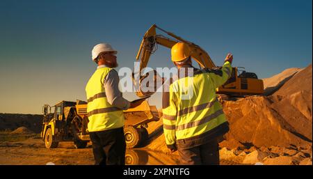 Rückansicht Eines Kaukasischen Immobilieninvestors Mit Tablet-Computer Und Projektmanager, Der Auf Der Baustelle Spricht. Kollegen, Die Schutzhüte Tragen Und Heavy Machinery Bei Der Arbeit Zusehen. Sonniger Tag Stockfoto