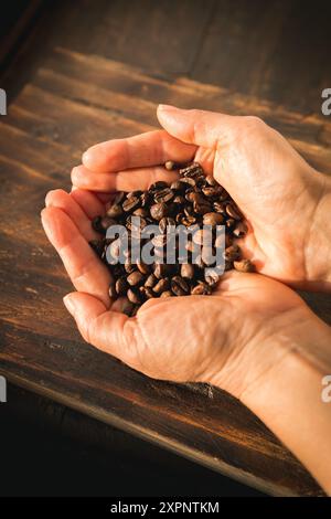 Ein Paar Hände hält sanft ein Bündel frisch gerösteter Kaffeebohnen und zeigt Sorgfalt und Qualität. Stockfoto