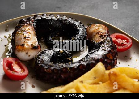 Gegrillte Kraken-Tentakel mit Kartoffeln und Kräutern auf einem Teller. Auf schwarzem Hintergrund. Stockfoto