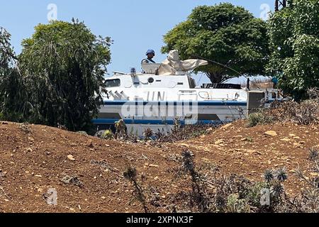 Marjeyoun, Libanon. August 2024. Die UNIFIL-Friedenstruppen patrouillieren in Marjeyoun, Libanon, 6. August 2024. Quelle: Ali Hashisho/Xinhua/Alamy Live News Stockfoto