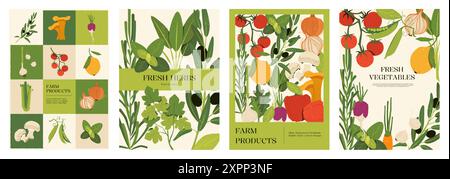 Gemüse-Poster. Cartoon-Banner mit frischem Bio-Gemüse und italienischen Kräutern, natürliche Farmfood-Banner-Vorlage mit lokalen Farmprodukten Stock Vektor