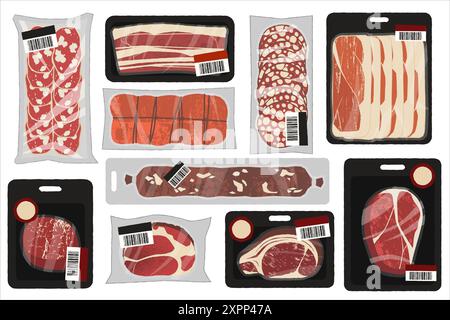 Fleischprodukte in Kunststoffschale. Cartoon Vakuumverpackte gemahlene Rindfleischwurst, gefrorene und frische kalte rohe mageres Steakkotelett, Würstchen und Speckscheiben Stock Vektor