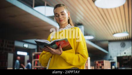 Die junge glückliche Studentin hat sich ein Buch aus einer College-Bibliothek geliehen. Attraktive Frau, die nach Wissen hungert, die Seiten durchstöbert, geistige Texte und Essays einer Sozialwissenschaftlerin liest Stockfoto