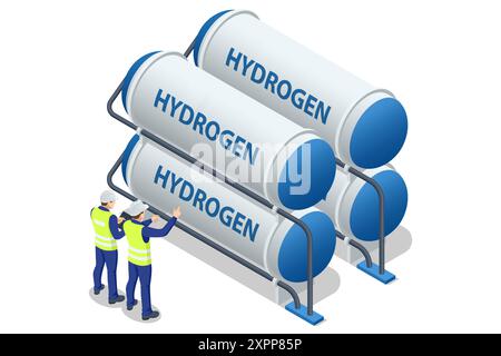 Isometrische Wasserstoffenergie. Wasserstoff ist ein sauberer Kraftstoff, der, wenn er in einer Brennstoffzelle verbraucht wird, nur Wasser produziert. Wasserstoff-Brennstoffzelle. H2-Elektrolyseanlage Stock Vektor