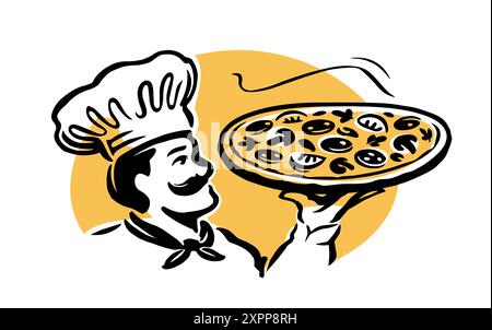 Koch mit Pizza. Emblem- oder Logodesign. Vektor-Illustration für Restaurant- oder Diner-Menü Stock Vektor