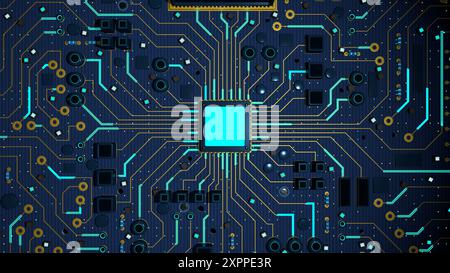 Draufsicht des komplexen Mainboards mit Mikrochip in der Mitte mit blauem Licht, umgeben von Schaltungen. 3D-Abbildung Stockfoto