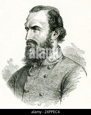 Thomas Jonathan „Stonewall“ Jackson (* 1863) war ein konföderierter General und Offizier, der während des Amerikanischen Bürgerkriegs diente. Er spielte bis zu seinem Tod eine bedeutende Rolle bei fast allen militärischen Engagements im östlichen Kriegsschauplatz. "Stonewall" Jackson wurde von einem Waisenkind zu einem der wertvollsten Generäle der konföderierten Armee. Er bekam seinen Spitznamen bei der Schlacht von Bull Run in Virginia. Während der Schüsse und der Verwirrung der Schlacht sagte Konföderierter General Barnard E. Bee: "Da steht Jackson wie eine Steinmauer." Die Soldaten unter seinem Kommando kamen, um seine Str. zu bewundern Stockfoto