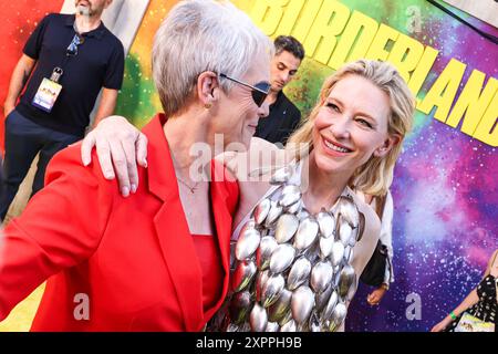 HOLLYWOOD, LOS ANGELES, KALIFORNIEN, USA - 6. AUGUST: Jamie Lee Curtis und Cate Blanchett kommen am Lionsgate Films' 'Borderlands' Special Los Angeles Fan Event an, das am 6. August 2024 im TCL Chinese Theatre IMAX in Hollywood, Los Angeles, Kalifornien, USA stattfindet. (Foto: Xavier Collin/Image Press Agency) Stockfoto
