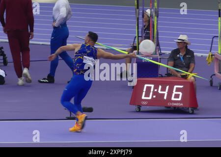 Stade de France, 93200 St. Denis, Frankreich, 6. August 2024. Unter starkem Wettbewerbsdruck sind die Qualifikationsrunden der Herren Speer bei den Olympischen Spielen 2024 in Paris erfolgreich. Quelle: ©Julia Mineeva/EGBN TV News/Alamy Live News Stockfoto