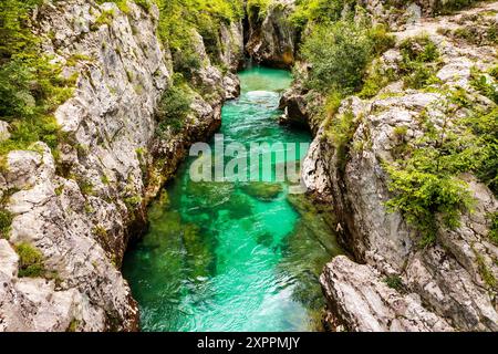 Fantastische Soca-Schlucht in den slowenischen Alpen. Große Soca-Schlucht (Velika korita Soce), Triglav-Nationalpark, Slowenien. Toller Canyon des Soca Flusses, Bovec Stockfoto