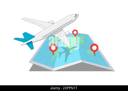 Passagierflugzeug, das von einem Ort zum anderen fliegt, über der gefalteten Weltkarte. Flugverkehr und Langstreckenflug isometrisches Zeichenkonzept. Flugzeug Tourismus Reise isoliert EPS Symbol Stock Vektor