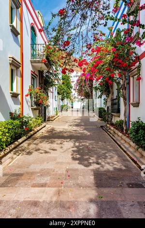 Straße mit blühenden Blumen in Puerto de Mogan, Gran Canaria, Spanien. Beliebter Urlaubsort für Touristen und Einheimische auf der Insel. Puerto de Mogan mit Stockfoto