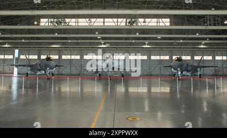 Misawa, Japan. August 2024. (L-R)die italienische Luftwaffe F-35A, der Eurofighter Typhoon und die japanische Luftwaffe F-35A wurden am Mittwoch, den 7. August, im Hangar während der gemeinsamen Übung 'AUFGEHEN SONNE 24' auf der Misawa Air Base in der Präfektur Aomori, Japan, eingesetzt. 2024. Foto: Keizo Mori/UPI Credit: UPI/Alamy Live News Stockfoto