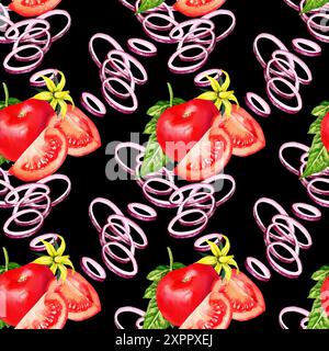 Nahtloses Muster mit frischen Tomaten, Blättern und gelben Blüten von Tomaten, Zwiebelscheiben und Tomaten, Aquarell handgezeichnete Illustration auf Schwarz Stockfoto