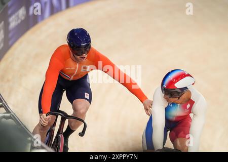 Paris, Frankreich. August 2024. PARIS, FRANKREICH - 7. AUGUST: Harrie Lavreysen aus den Niederlanden tritt 2024 am 12. Tag der Olympischen Spiele 1/16 im Velodrome Saint-Quentin-en-Yvelines am 7. August 2024 in Paris an. (Foto: Joris Verwijst/BSR Agency) Credit: BSR Agency/Alamy Live News Stockfoto