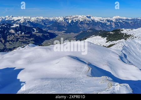 Blick vom Standkopf über das Zillertal nach Karwendel und Rofan, Standkopf, Kitzbüheler Alpen, Tirol, Österreich Stockfoto