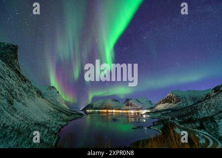 Nordlichter über dem Nordfjord, Bergsbotn, Nordfjord, Senja, Troms, Norwegen Stockfoto