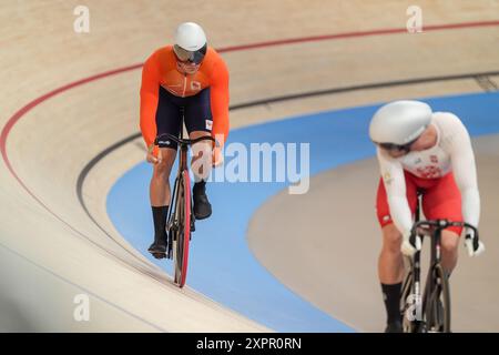 Paris, Frankreich. August 2024. PARIS, FRANKREICH - 7. AUGUST: Jeffrey Hoogland aus den Niederlanden tritt 2024 am 12. Tag der Olympischen Spiele 1/16 im Velodrome Saint-Quentin-en-Yvelines am 7. August 2024 in Paris an. (Foto: Joris Verwijst/BSR Agency) Credit: BSR Agency/Alamy Live News Stockfoto