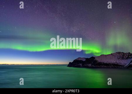 Nordlichter über Mefjord, Mefjord, Senja, Troms, Norwegen Stockfoto