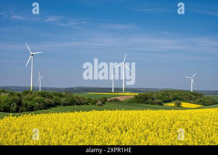 Ländliche Landschaft mit gelben Rapsfeldern und Windturbinen in Deutschland Stockfoto