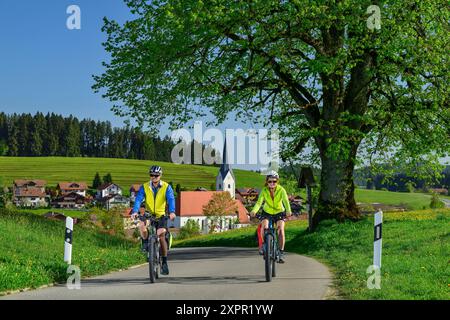 Mann und Frau Radfahren auf dem Bodensee-Königssee-Radweg mit Stiefenhofen im Hintergrund, Allgäu, Schwaben, Bayern, Deutschland Stockfoto