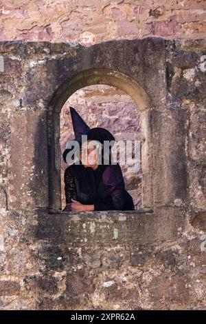 Frau im Kostüm der Figur „Hexe“ aus dem Märchen „Hänsel und Gretel“ der Brüder Grimm, Steinau an der Straße, Spessart-Festland, HES Stockfoto