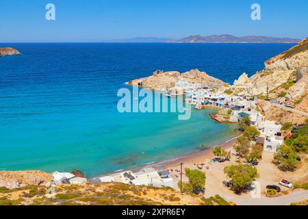 Firopotamos Dorf, hohe Aussicht, Firopotamos, Milos Insel, Kykladen Inseln, Griechenland Stockfoto