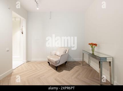 Klassischer Stil Minimalismus Heim Wohnzimmer Inneneinrichtung. Stilvolles, Modernes Apartment. Offener Innenraum, Stilvoller Sessel. Sessel, Glastisch, Vase und Blume Stockfoto
