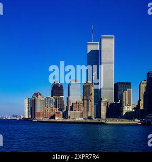 Finanzviertel der 1980er Jahre, Skyline von Lower Manhattan, WTC World Trade Center Twin Towers, vor dem 11. September 2001, New York City, NYC, US-Bundesstaat New York, USA, Stockfoto