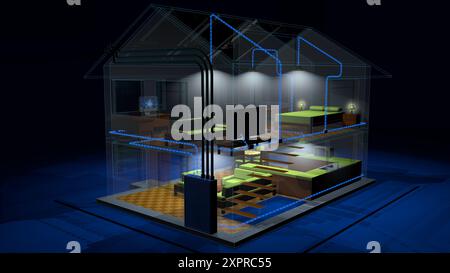 Nachtansicht auf ein zweistöckiges Haus mit transparenten Wänden und Lichtern auf dem Betrieb der elektrischen Anlage des Sonnenkollektors vor schwarzem Hintergrund. 3D krank Stockfoto