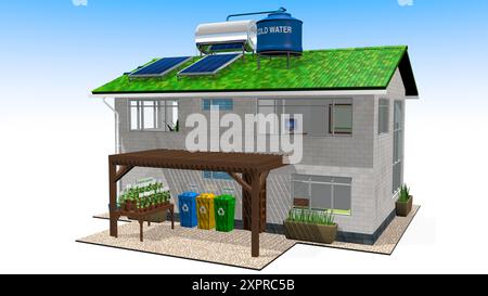 Ökologisches Haus mit Installation von Solarpaneelen, Warmwasseranlage und begrüntem Dach, nachhaltigem Hausgarten und Recyclingbehälter gegen weißen Hintergrund Stockfoto