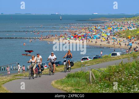 Radfahrer und Touristen schwimmen und sonnen am Strand entlang der Westerschelde bei Breskens an einem heißen Tag in den Sommerferien, Zeeland, Niederlande Stockfoto