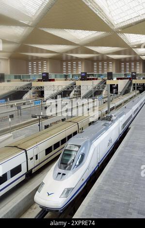 AVE (Hochgeschwindigkeitszug) in Delicias Bahnhof, Zaragoza. Aragón, Spanien Stockfoto