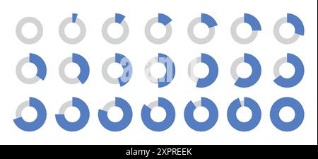 0 bis 100 Infografik geteilte Kreise in Blau und Grau in dünnen und dicken Kreisen neu mit 5, 10, 15, 20, 50, 70, 90, 100 Prozent. Stock Vektor